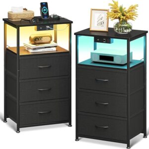 Night Stand Set 2, Bedside Tables with Charging Station