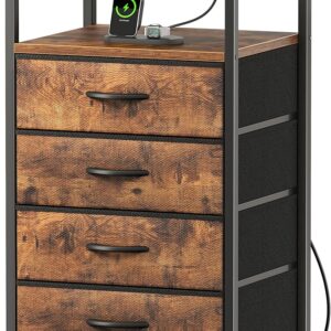 Night Stand with Charging Station, 4 Drawer Dresser for Bedroom