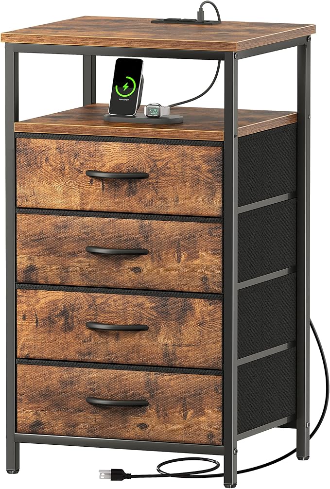 Night Stand with Charging Station, 4 Drawer Dresser for Bedroom