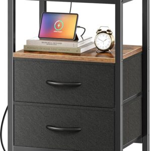Nightstand with Charging Station, Side Table with Fabric Drawers