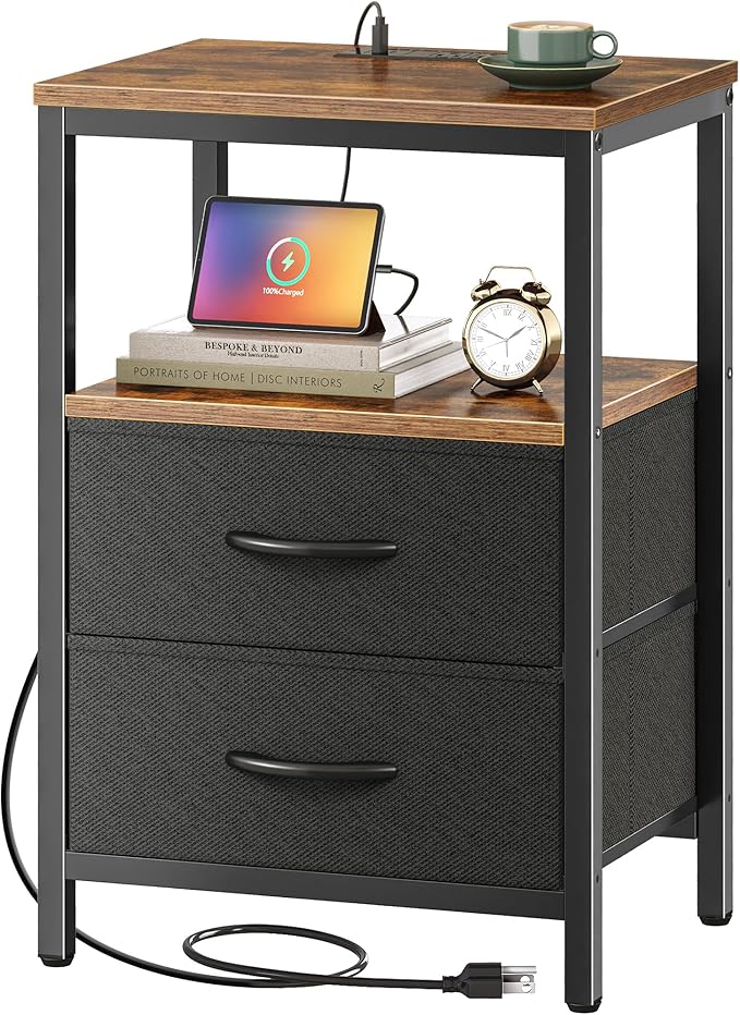 Nightstand with Charging Station, Side Table with Fabric Drawers