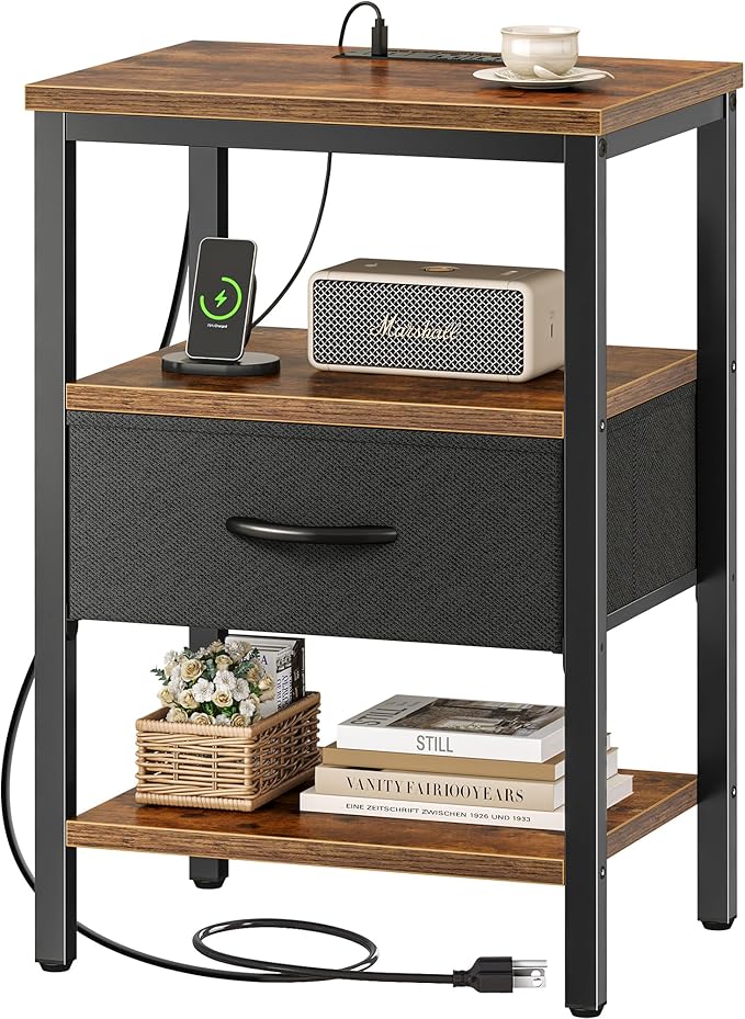 Night Stand for Bedroom, 3-Tier Storage End Table