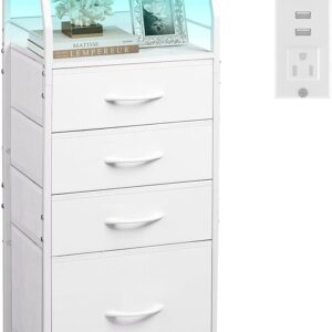 White Nightstand with LED Light and 4 Storage Drawers Charger Station