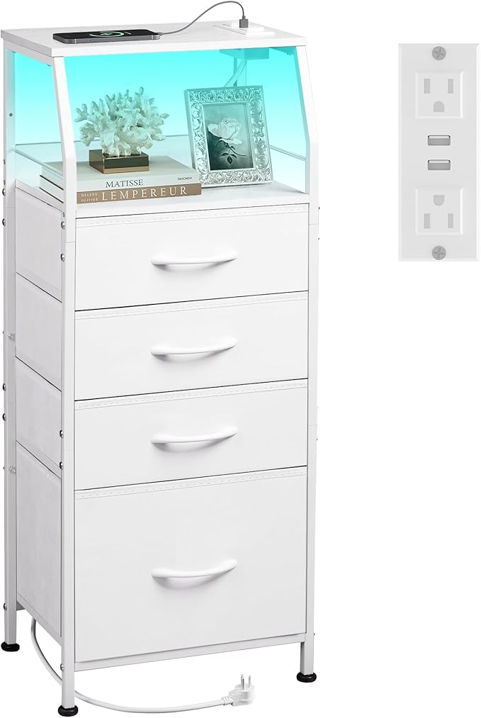 White Nightstand with LED Light and 4 Storage Drawers Charger Station