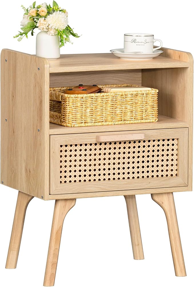 Boho Side Table with Drawer Open Shelf