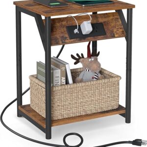 Nightstand with Outlets and USB Ports, Bedside Table with Storage Shelf