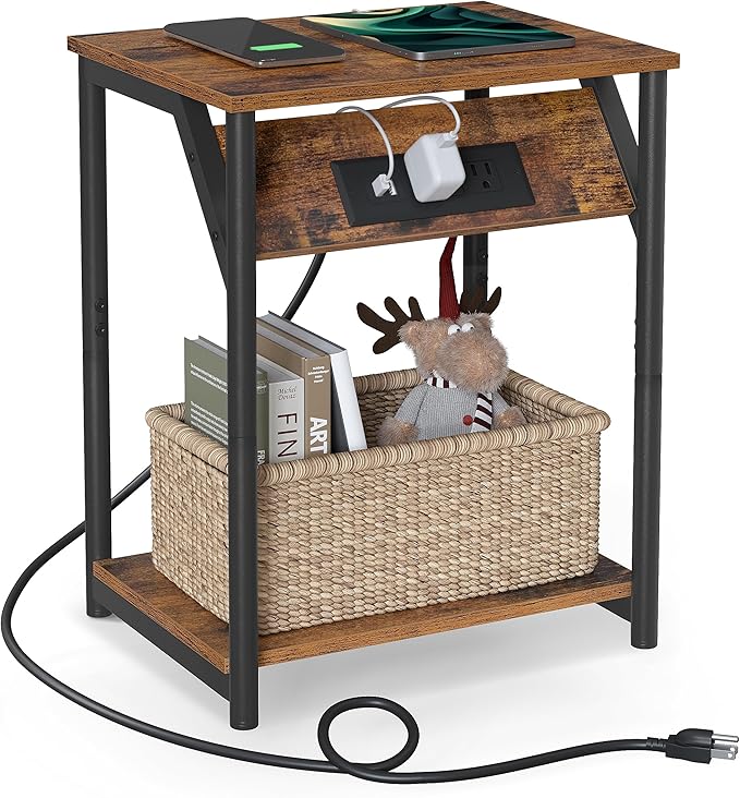 Nightstand with Outlets and USB Ports, Bedside Table with Storage Shelf