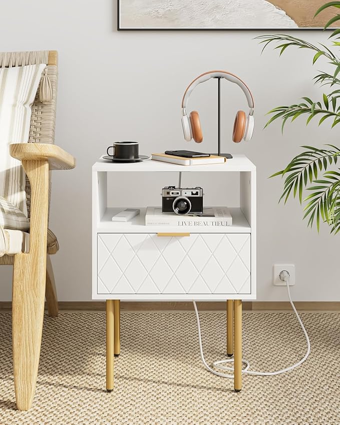Modern Night Stand with Drawers, with Charging Station