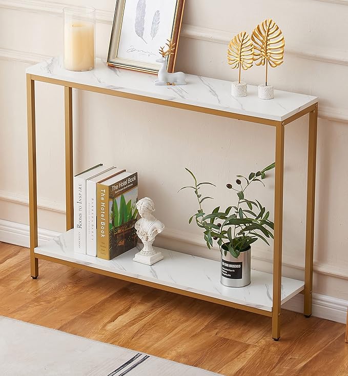Console Table for Entryway (Double Layer, White Marble)