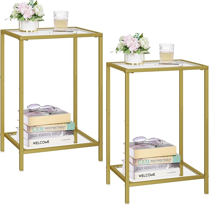 Side Tables Set of 2, End Tables with Tempered Glass