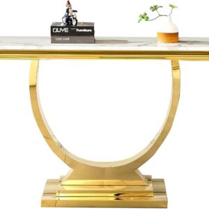47 inch White Marble Console Table with Stainless Steel Metal O-Base