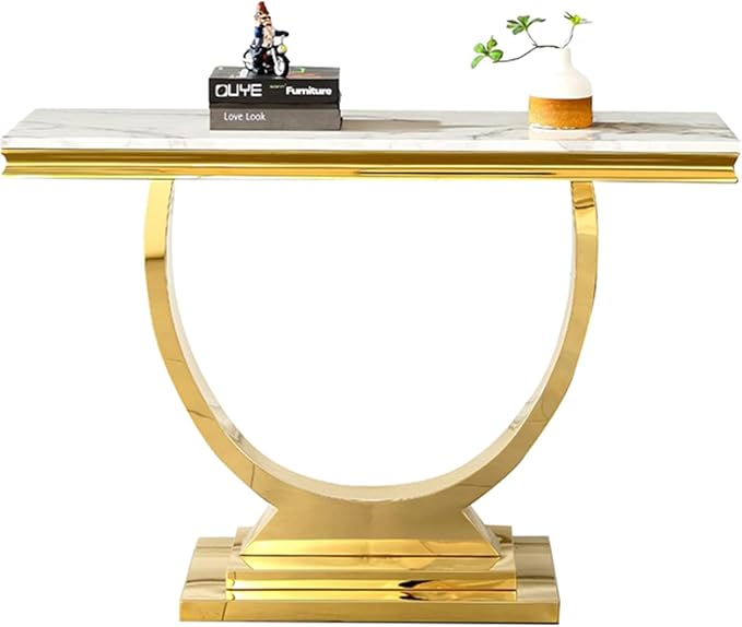 47 inch White Marble Console Table with Stainless Steel Metal O-Base