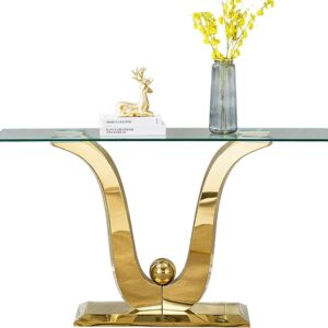 47 inch Clear Glass Console Table with Mirrored Stainless Steel Metal U-Base