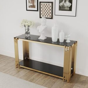 55" Black Console Table for Entryway, 2-Tier Gold Entryway Table with Storage Shelf