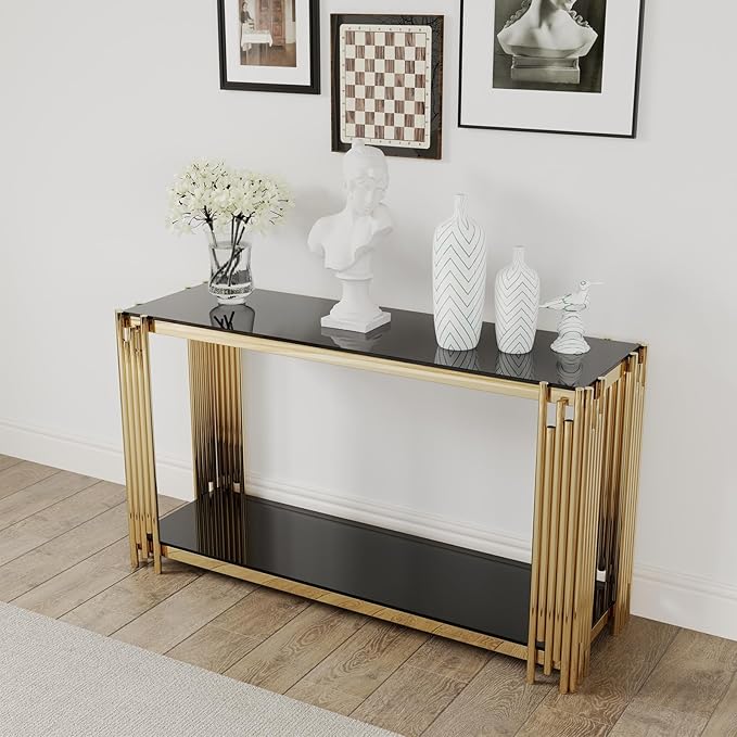 55" Black Console Table for Entryway, 2-Tier Gold Entryway Table with Storage Shelf