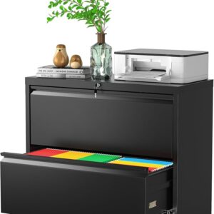 Lateral File Cabinet 2 Drawer, Black Filing Cabinet with Lock