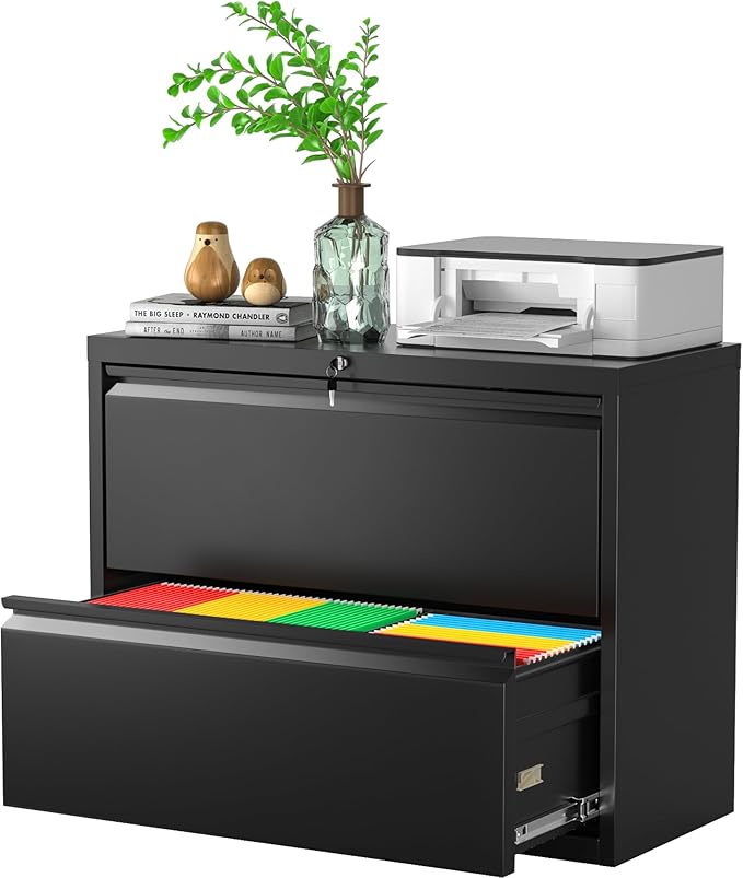 Lateral File Cabinet 2 Drawer, Black Filing Cabinet with Lock