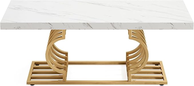 Sophisticated Faux Marble Coffee Table with Geometric Gold Base