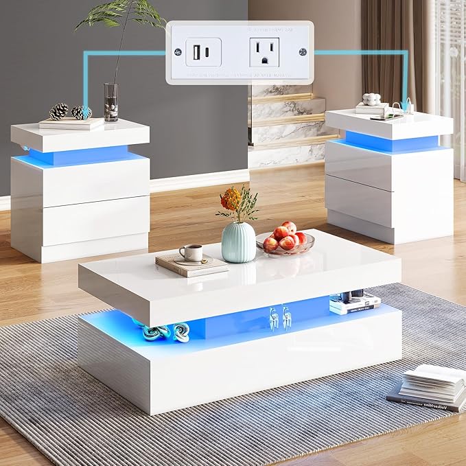 Modern LED Coffee Table Sets of 3, 2-Tier Center