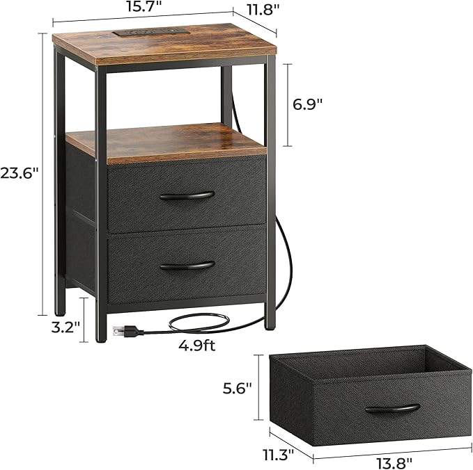 Nightstand with Charging Station, Side Table with Fabric Drawers - Image 5