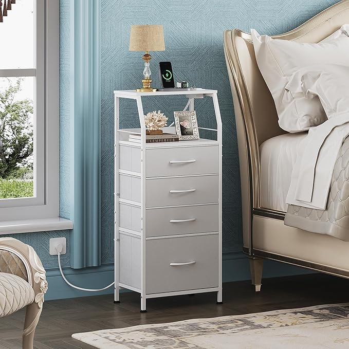 White Nightstand with LED Light and 4 Storage Drawers Charger Station - Image 5