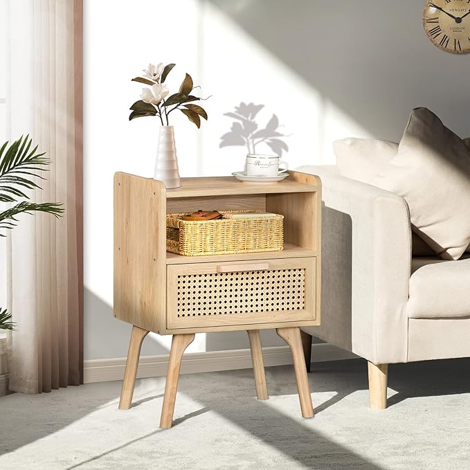 Boho Side Table with Drawer Open Shelf - Image 5