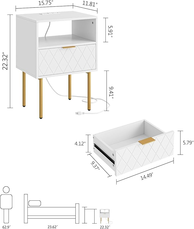 Modern Night Stand with Drawers, with Charging Station - Image 5