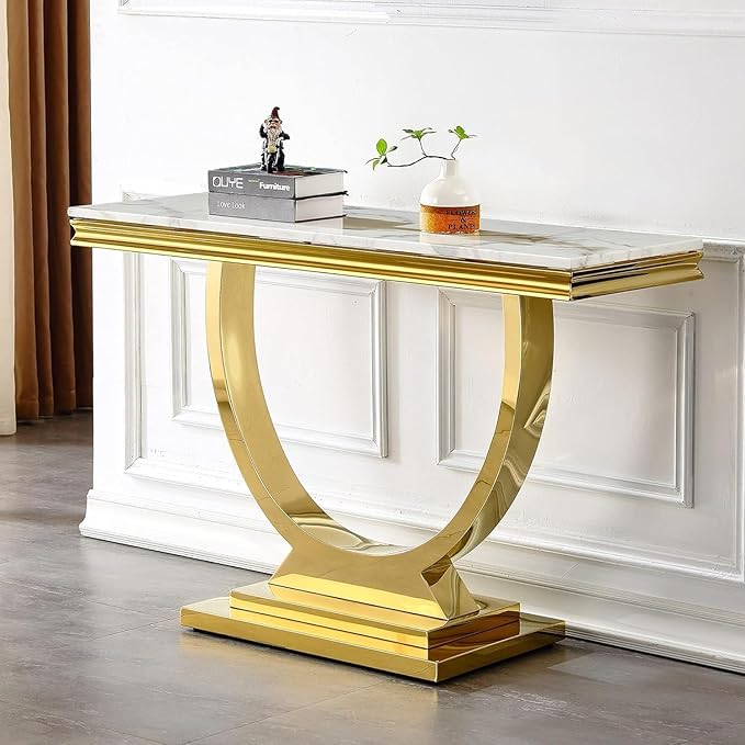 47 inch White Marble Console Table with Stainless Steel Metal O-Base - Image 5