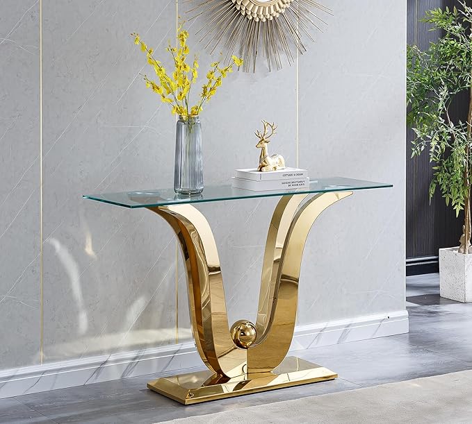 47 inch Clear Glass Console Table with Mirrored Stainless Steel Metal U-Base - Image 5