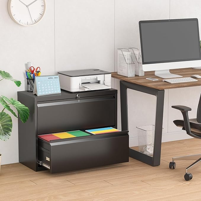 Lateral File Cabinet 2 Drawer, Black Filing Cabinet with Lock - Image 5