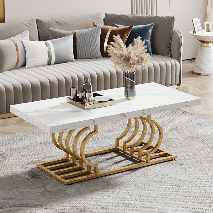 Sophisticated Faux Marble Coffee Table with Geometric Gold Base - Image 5