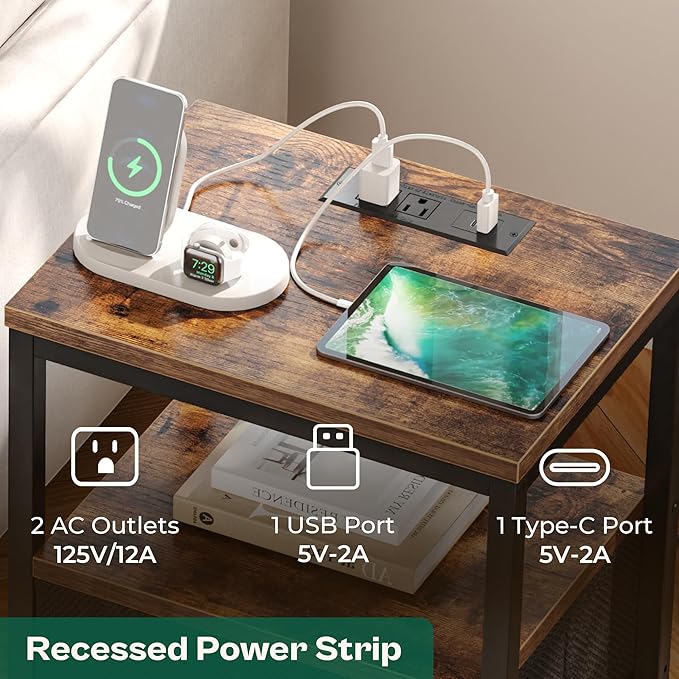 Nightstand with Charging Station, Side Table with Fabric Drawers - Image 4