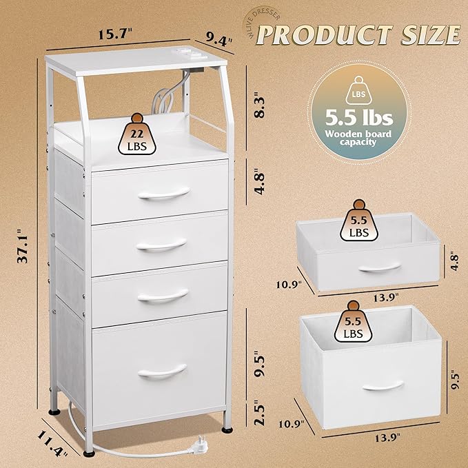 White Nightstand with LED Light and 4 Storage Drawers Charger Station - Image 4