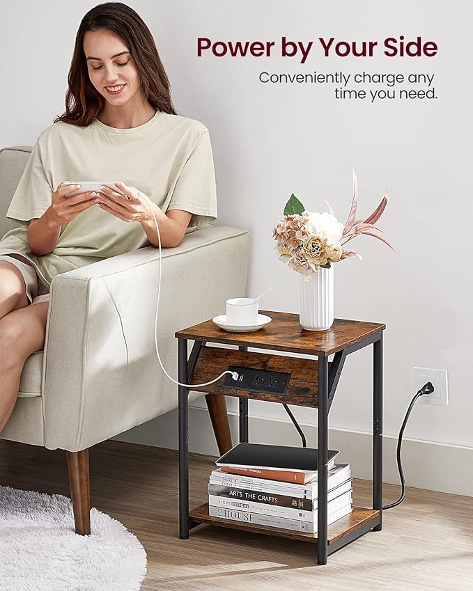 Nightstand with Outlets and USB Ports, Bedside Table with Storage Shelf - Image 4