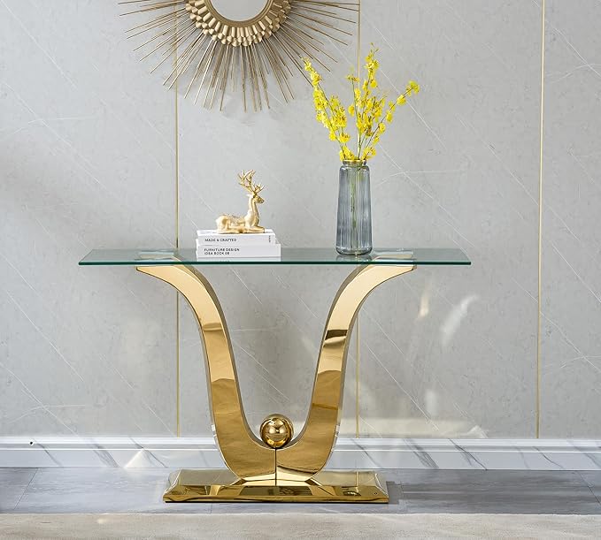 47 inch Clear Glass Console Table with Mirrored Stainless Steel Metal U-Base - Image 4