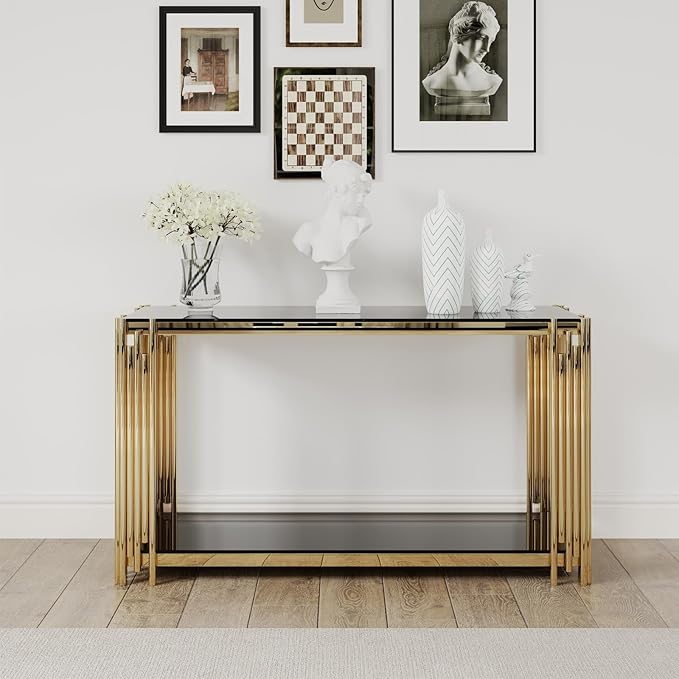 55" Black Console Table for Entryway, 2-Tier Gold Entryway Table with Storage Shelf - Image 4