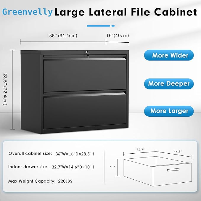 Lateral File Cabinet 2 Drawer, Black Filing Cabinet with Lock - Image 4