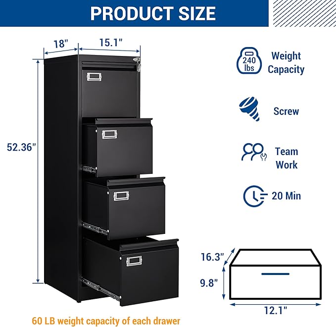 File Cabinet - 4 Drawers Vertical 17.8" Deep Lockable - Image 4