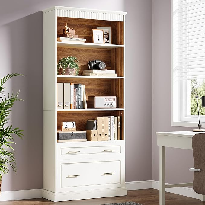 Modern White Filing Cabinet with 5-Tier Bookshelf - Image 4