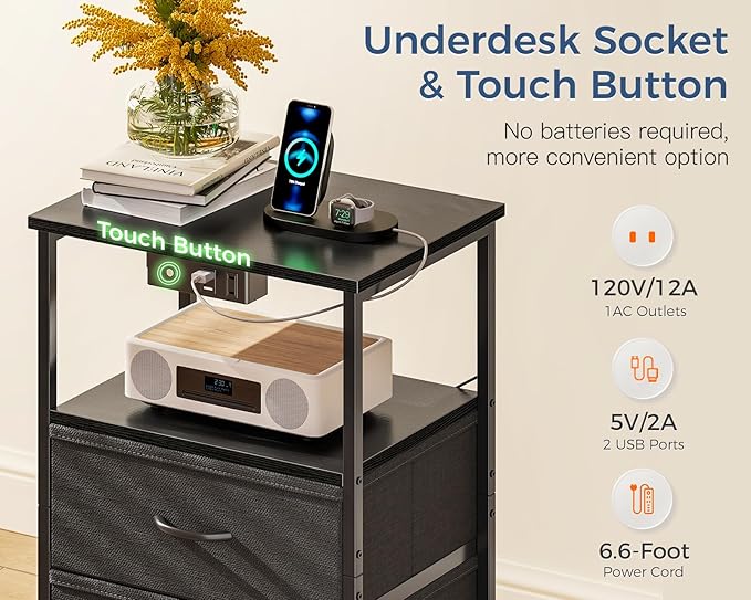 Night Stand Set 2, Bedside Tables with Charging Station - Image 3