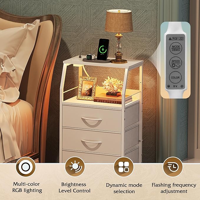 White Nightstand with LED Light and 4 Storage Drawers Charger Station - Image 3