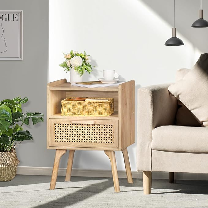 Boho Side Table with Drawer Open Shelf - Image 3