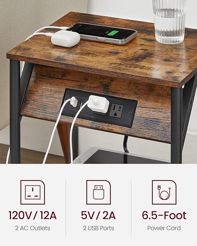 Nightstand with Outlets and USB Ports, Bedside Table with Storage Shelf - Image 3
