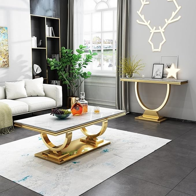 47 inch White Marble Console Table with Stainless Steel Metal O-Base - Image 3