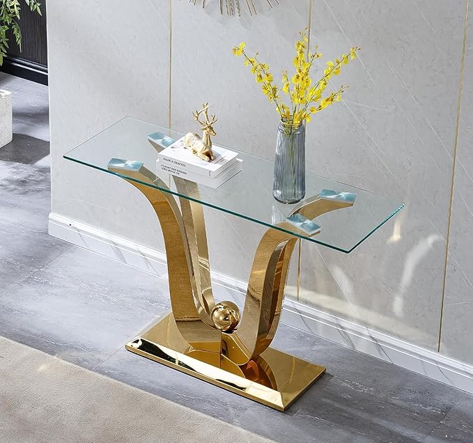 47 inch Clear Glass Console Table with Mirrored Stainless Steel Metal U-Base - Image 3