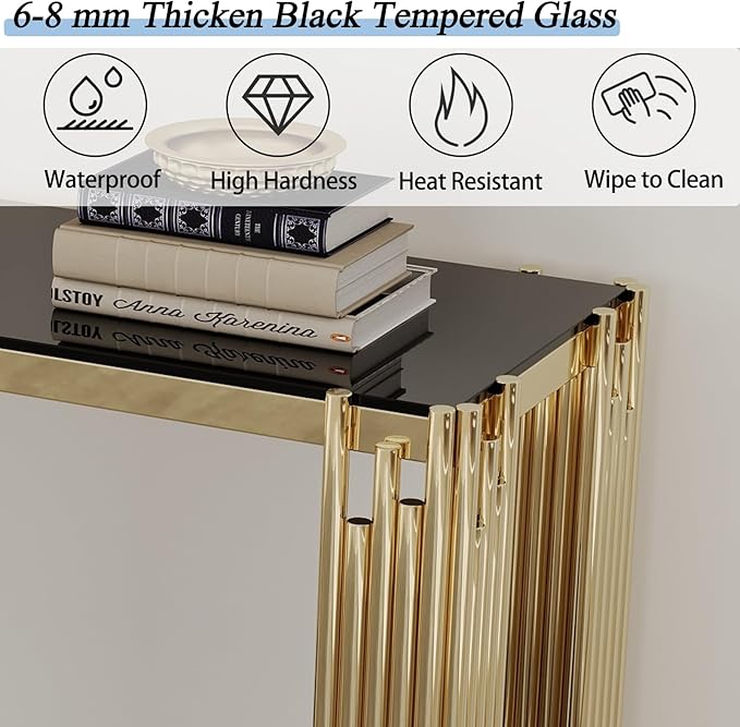 55" Black Console Table for Entryway, 2-Tier Gold Entryway Table with Storage Shelf - Image 3