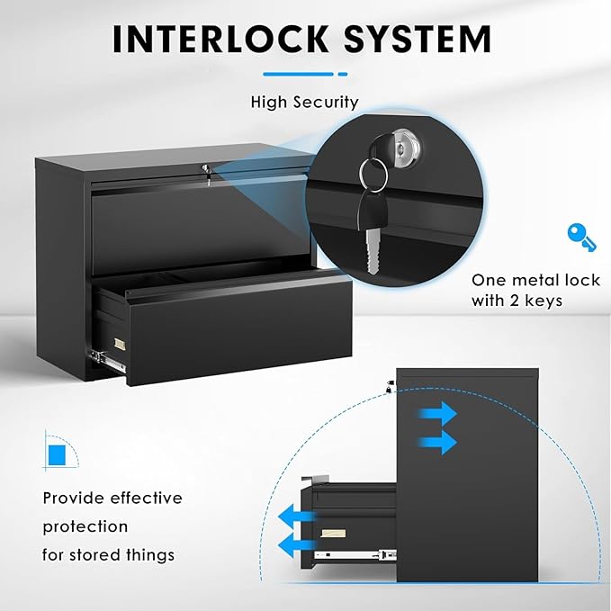 Lateral File Cabinet 2 Drawer, Black Filing Cabinet with Lock - Image 3