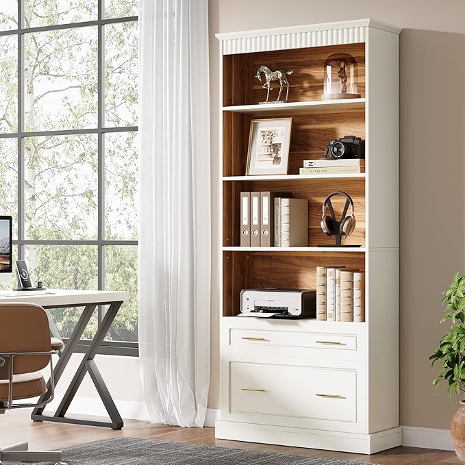 Modern White Filing Cabinet with 5-Tier Bookshelf - Image 3
