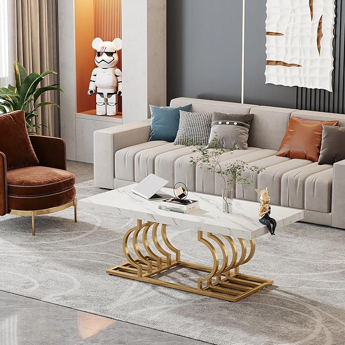 Sophisticated Faux Marble Coffee Table with Geometric Gold Base - Image 3