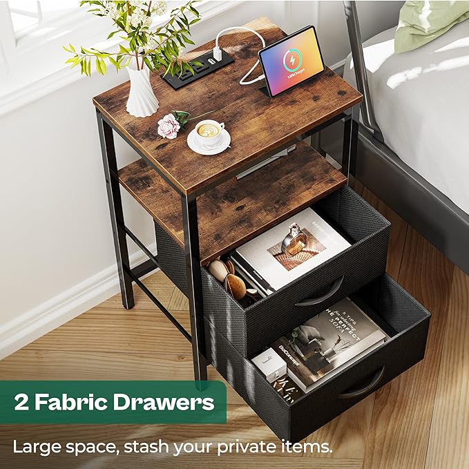 Nightstand with Charging Station, Side Table with Fabric Drawers - Image 2